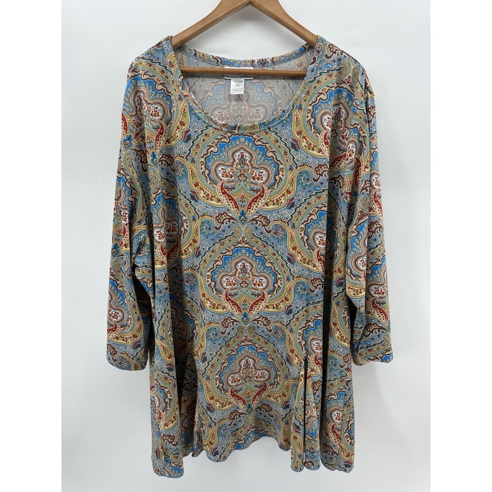 NorthStyle 3X Paisley Tunic Top Boho Flowy Pleated Hem Blue Stretch RR35 - Picture 2 of 11